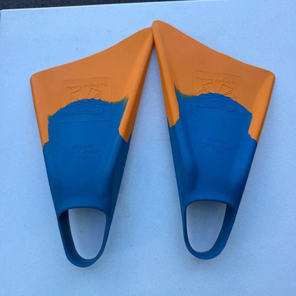 Churchill Makapuu Floating Swimfins Blue Orange Medium Bodyboard Fins with Bag